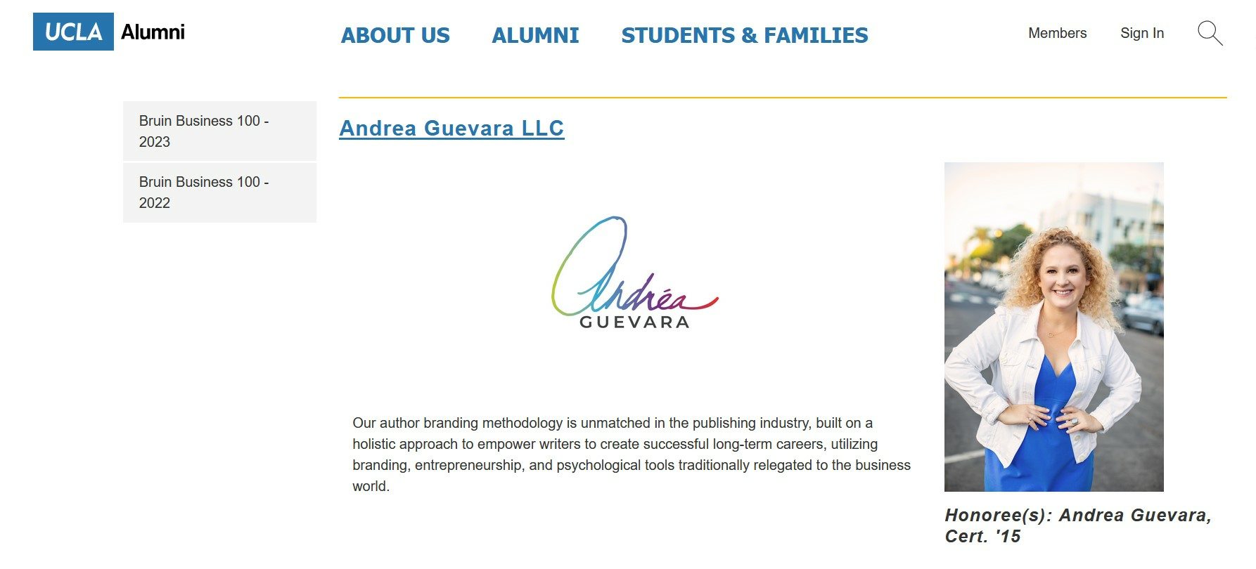 Andrea Guevara named Bruins 100 Business 2023, screenshot
