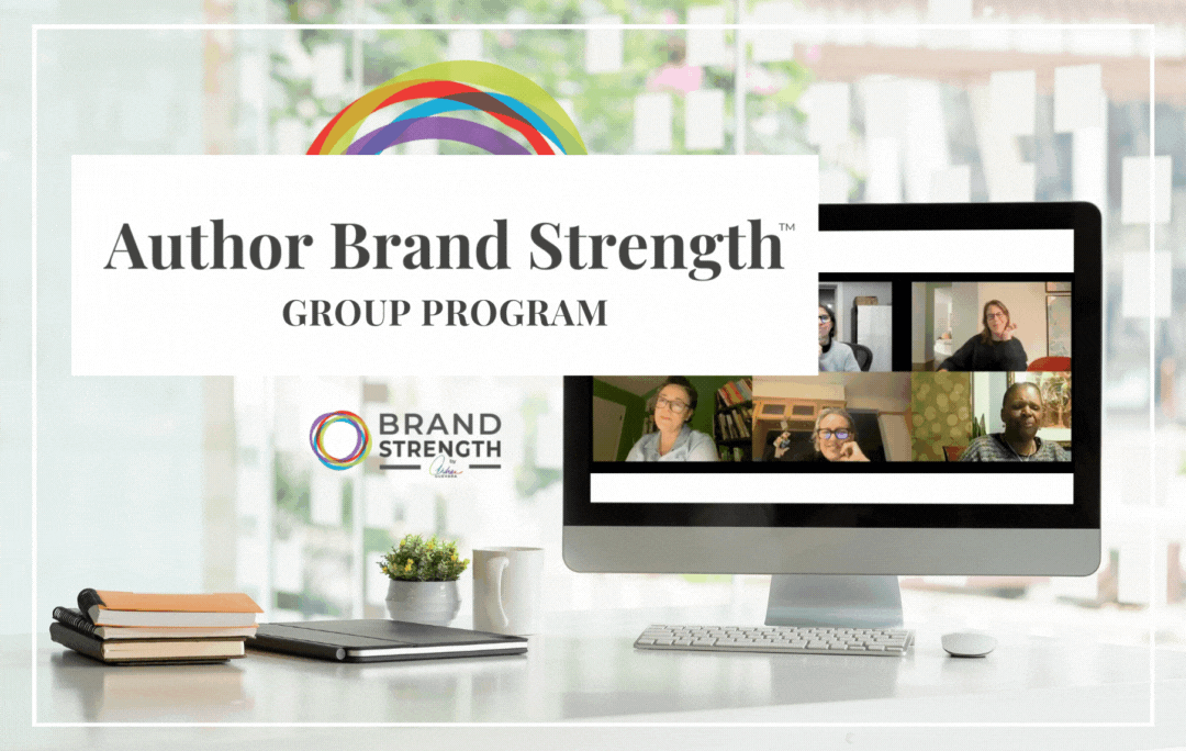Author Brand Strength Author Branding Group Program logo overlaid above a computer with a screenshot of authors on Zoom.